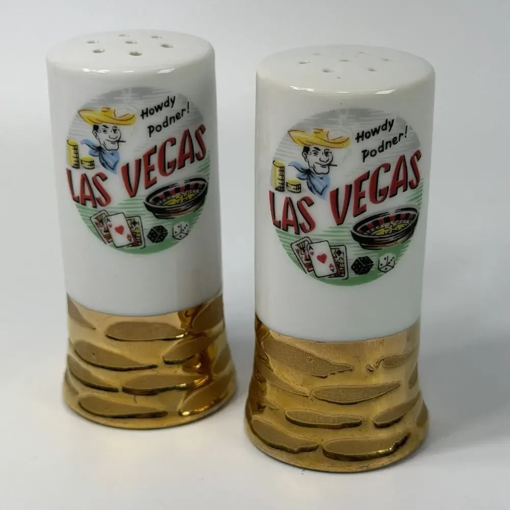 Vintage Las Vegas Howdy Podner Salt Pepper Shakers Gold Retro Souvenir Cowboy